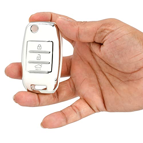 Image of KMH TPU Silver Car Smart Key Cover Compatible for Kia Seltos and Sonet 3 Push Button Smart Flip Key Shell Case Holder, Full Key Protection (Silver White) Pack of 2