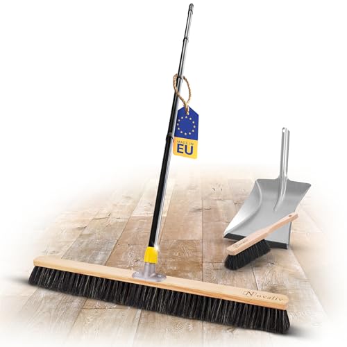 Novaliv Großer Besen Saalbesen 80 cm mit Stiel Borsten Haarmischung inkl. Kehrgarnitur verzinkt mit Gummilippe bestehend aus Kehrblech und Handfeger Besen fein Werkstattbesen Industriebesen mit Stiel
