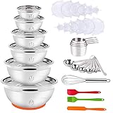 Mixing Bowls with Lid Set, 35PCS Kitchen Utensils Stainless Steel Nesting Bowls, Measuring Cups and Spoons, 12 Reusable Silicone Stretch Lids Non-slip Mat Egg Whisk for Baking Prepping Cooking Serving