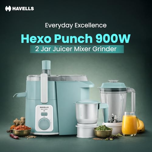 Image of Havells Hexo Punch 900W Juicer Mixer Grinder with 2 Jars|304SS Juicing Mesh|100 min Run Time|Large Size Pulp Container|1.75L Blending Jar|Body Lock Mechanism|5 Yr Warranty on Motor(Mint Green & White)