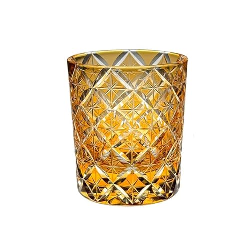Whiskey Glass Crystal Spirits Cup Hand Carved Glassware High End Old Tumbler Lowball Cocktail Glasses Heavy Base Drinking Glasses Suitable For Vodka Beer Drinks For Home Bar Party 8.8oz (G-Orange)