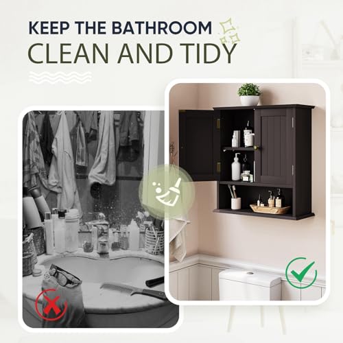 Image of Smuxee Brown Bathroom Cabinet Wall Mounted, Small Medicine Cabinet with 2 Door Adjustable Shelves, Wall Cabinet Over Toilet for Laundry Room Kitchen