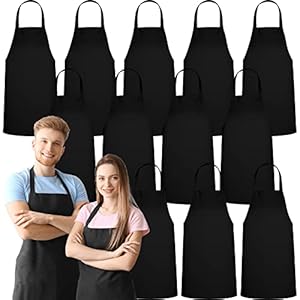 GREEN LIFESTYLE 12 Pack Bib Apron – Unisex Black Aprons, Machine Washable Aprons for Men and Women, Kitchen Cooking BBQ Aprons Bulk (Pack of 12, No Pockets, Black)
