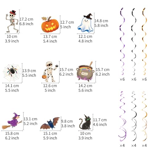 Image of Halloween Hanging Party Decorations, 48 Pcs,Ceiling Decor Indoor Swirl Witches Cauldron Ghost Pumpkin Skull Cat Witch Party Supplies Sign,Black Purple Orange