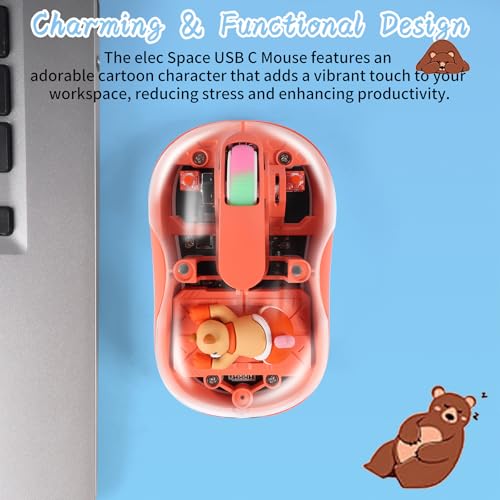 Image of elec Space Cute Wireless USB C Mouse - Bluetooth Triple Mode Rechargeable Cartoon Mouse for Laptops, iPads & MacBook Air /Pro - Silent Operation, Portable Design, Unique Magnetic Character (Orange)