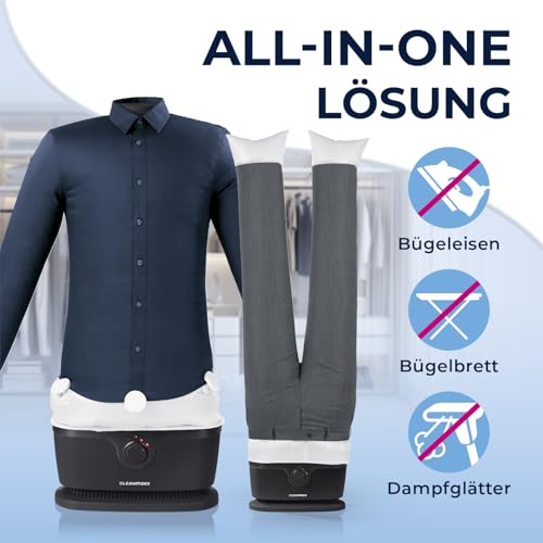 CLEANmaxx automatischer Hemdenbügler PRO mit Hosenaufsatz | Ersetzt Bügeleisen, Dampfglätter, Steamer | Bügelgerät mit Bügelpuppe für Hemden, Blusen & Hosen | Innovativ & effizient