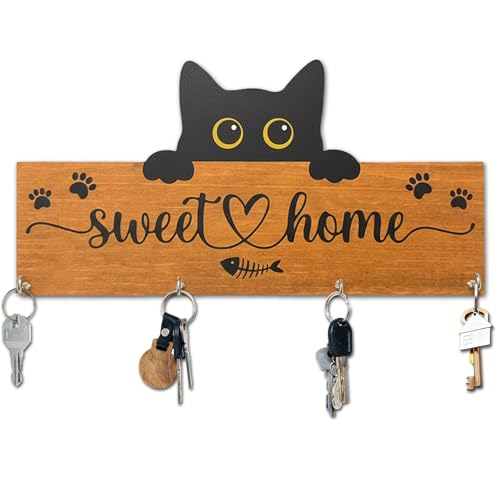 Yhtmbf Cat Sweet Home Wooden Key Holder for Wall - 5x10 Key Organizer Hanger with 4 Hooks for Front Door Hallway Entryway Kitchen - Home Office Decor & Housewarming Gifts Supplies - A07