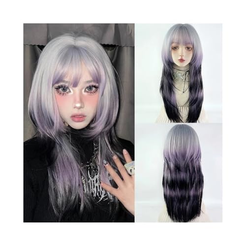 Perruque ombrée violette et grise avec une coupe longue et lisse pour un effet duveteux