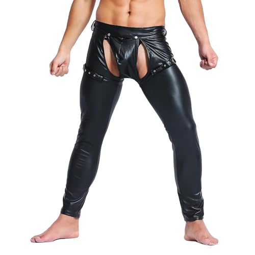QiaTi Mens Skinny Pants Faux Leather Open Crotch Trousers with Bulge Pouch for Men4