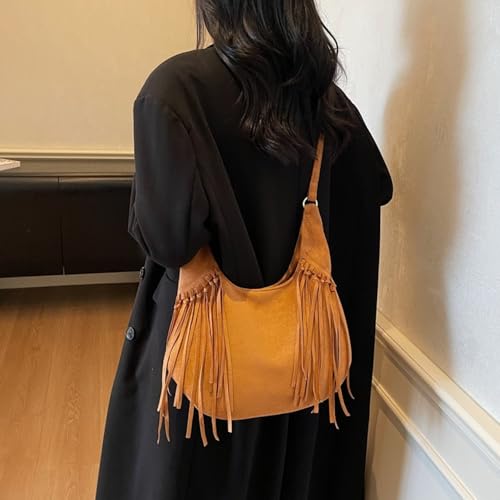 Image of Women Vintage Suede Fringe Hobo Bag Tote Shoulder Bag Crossbody Bag and Hippie Western Cowgirl Purse Shoulder Bag