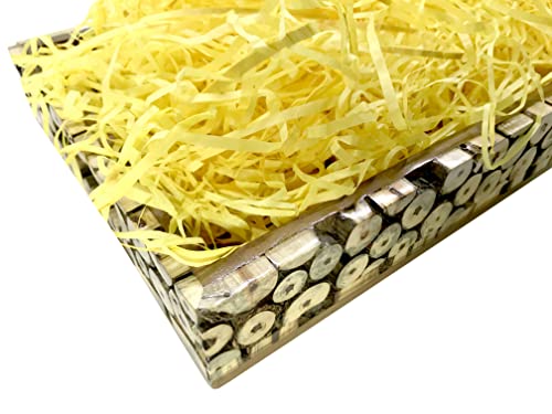 Image of Eco Sarras thin shredded paper crinkle paper grass strips gift tray decoration, gift hamper decorations, gift box fillers, wedding birthday & valentines day gift (200 Grams, Yellow)