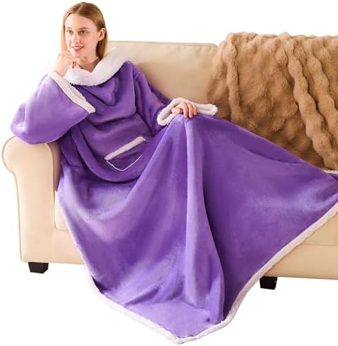 IFNOW Sherpa Wearable Blanket with Sleeves for Women Men Adults, Cozy Wearable Blanket with Arm and Pocket, Warm Full Body TV Wrap Throw Blanket, Soft Robe Blanket as Gifts for Mom Wife, Purple