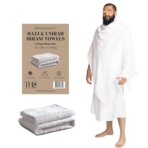 The Halal Caravan Men's Ihram for Hajj & Umrah - Sweat Absorbent, Comfortable, Fully Opaque, 2-Piece Towel Set, Ehram Ahram 110 x 210cm, Ideal for Muslim Men