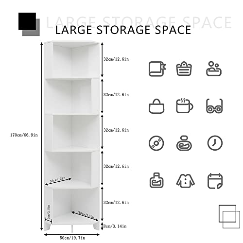 Yusong Bookshelf Corner Shelf Bookcase, Wooden 5-Tier Book Shelves Display Cabinet For Living Room,Bedroom,Bathroom, White #TOP2