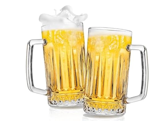 JUMRHFAN Set di 2 bicchieri da birra in cristallo da 680 ml con manico, grandi brocche di birra in vetro per freezer, regali per uomini, papà, festa del papà
