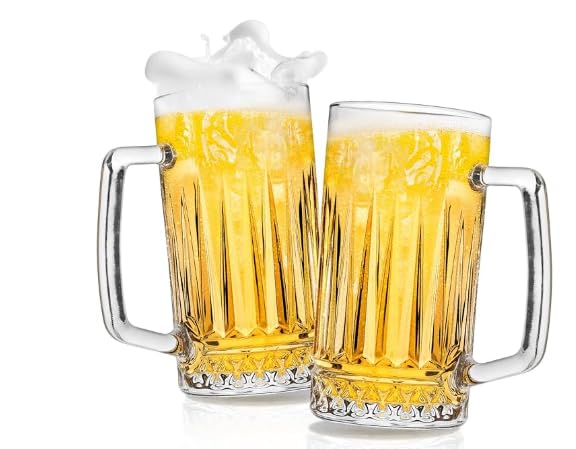 JUMRHFAN Juego de 2 jarras de cerveza de cristal de 680 ml con asa, jarras grandes de cristal para congelador, regalos para hombres, papá, día del padre