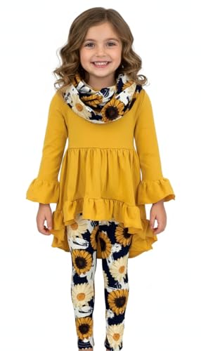 Image of Unique Baby Girls Kids Toddler 3pc Outfit Set Long Sleeve Cotton Blend Tunic Top Leggings and Scarf