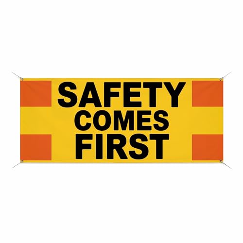 Safety comes first Large Banners and Signs for Outdoor by BCB Print | Construction Polyester Banner with 4 Hole for Easy Hang Indoor & Outdoor | 8x3ft Banner to Promote Business | HD Made in USA