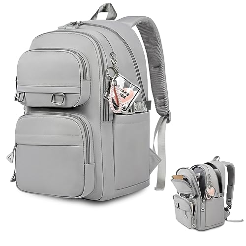 NUBILY - Backpack for Women Men, Lightweight School Backpack 15.6 Inch Travel Laptop Backpack Waterproof Bookbag Casual Carry-on Daypack for School Sports College Travel, Grey