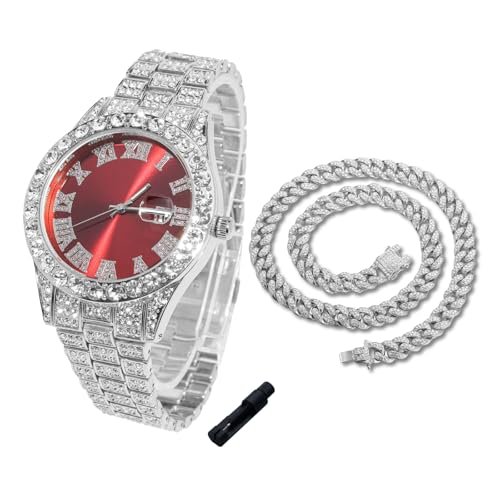 Image of Halukakah Diamonds Gold Watch Iced Out for Boy Teens Kids - 18K Real Gold /Platinum Plated,42mm Blue /Green /Red Dial,Japanese Quartz - 8 inch Length - Optional with Cuban Link Chain,with Watch Adjuster Tool