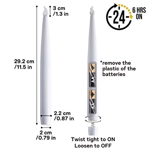 Furora LIGHTING White Taper Candles, Window Candles, Candle Lights, Long Candles, Battery Powered Candles, Electric Candles Window Lights with 6 Hour Timer Function - White 11.5", Pack of 4