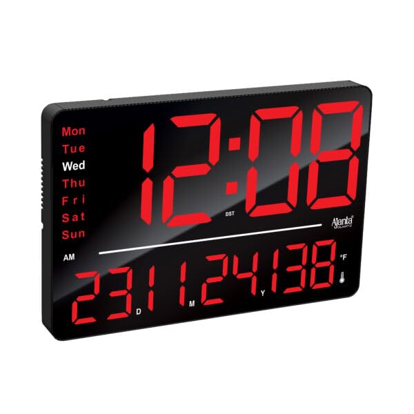 Image of Ajanta Digital Wall Clock with RGB Night Light, Temperature, Calendar and 12 /24H Format (Red, 33 x 22 cm)