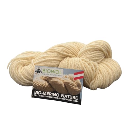 Bio-Merino Nature aus 100% österreichischer Bio-Merinowolle kbT, Handstrickgarn, Strang 100 g = 170 m, empfohlene Nadelstärke 5 mm