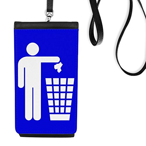 Sac à main téléphone en cuir faux noir avec cordon motif avertissement bleu