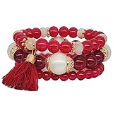 ❤Hecho para durar. Pulseras para mujer, moda de cristal, estilo de cuerda de mano, estilo perla, bohemia, multi círculo, pulseras oceánicas para buenos regalos, pulseras, rosso, Taille unique