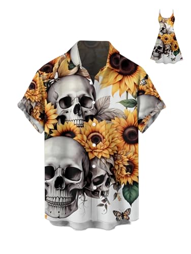 DRESSFO Matchable Couples' Outfit Skull Sunflower Print Men's Shirt Or Women's Spaghetti Strap Dress