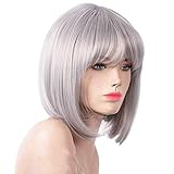 Annivia Silver Gray Short Bob Wig for Women 12inch Synthetic Straight Wigs with Bangs Halloween Cosplay Party Wig Natural As Real Hair (Grey)