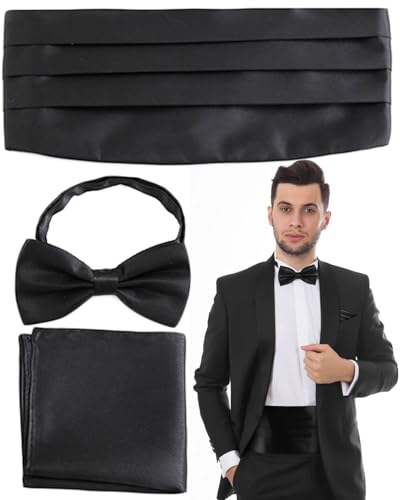 BARRU Set da 3 pezzi Fusciacca da Uomo per Lo Smoking Fascia da Smoking in Raso Regolabile per Halloween Nozze, Con papillon e fazzoletto da taschino, nero