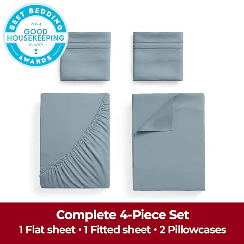 Image of Mellanni Extra Deep Queen Sheets - 4 PC Iconic Collection Bedding | Hotel Luxury, Ultra Soft, Cooling Bed Sheets - Wrinkle, Fade, Stain Resistant (Queen, Spa Blue)