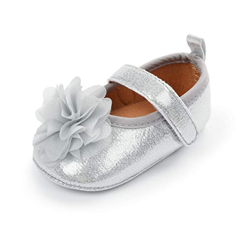 Tddler Baby Girls Flower Ballet Flats Infant Mary Jane Sneakers Newborn Soft Rubber Sole Party Wedding Dress Shoes, Silver 0-6 Months
