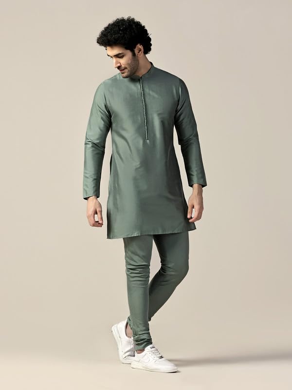 Kisah Men's Kurta Churidar Set, Green Cotton Blend, Solid Regular Fit Long Sleeves Mandarin Collar (38)