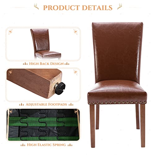 Image of Parsons Dining Chairs Set of 6, Upholstered Nailhead PU Leather Dining Room Kitchen Side Chair with Thick Cushions and Wood Legs, Light Brown