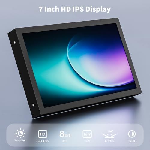 Aurevita 7 Zoll Mini Monitor HDMI, tragbarer VGA-Monitor mit AV BNC 1024×600 LCD-Bildschirm mit eingebauten Lautsprechern, 178° Blickwinkel IPS, Multifunktions-Mini-Display für Raspberry Pi PC/TV/DVD