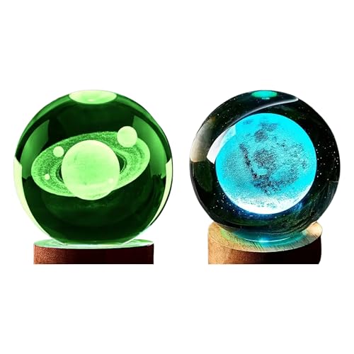Image of 2 Pcs 3D Saturn & Moon Crystal Ball Lamp with Wooden Base, USB Powered RGB Crystal Night Light, Celestial Planets Edition, Perfect for Creating a Dreamy Atmosphere.