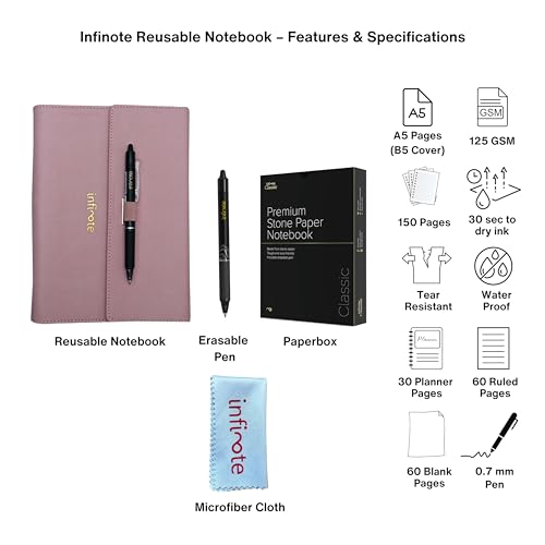 Image of Infinote Executive Reusable Stone Paper Smart Notebook and Planner (A5, with 100 Pages | 50 Sheets | 100 Sides, Pink)