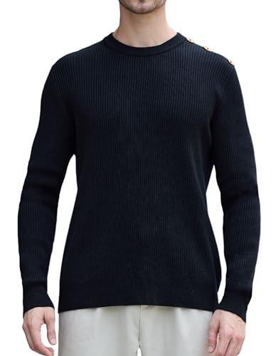 Button-Accented Shoulders Mens Wool Sweaters for Work Office, Soft Warm Knit Crew Neck Pullover Sweater for Men