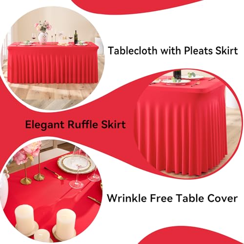 Image of 6 pk Red Spandex Tablecloth 6ft with Ruffle Skirt,Wrinkle Free High Stretch Fitted Tablecloths for 6 Foot Rectangle Tables,Pleated Skirts Spandex Table Covers 6ft for Christmas Party Banquet Wedding