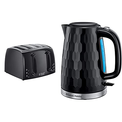 Russell Hobbs 21651 Textures 4-Slice Toaster 21651-Black, Plastic, Black & 26051 Cordless Electric Kettle - Contemporary Honeycomb Design with Fast Boil and Boil Dry Protection, 1.7 Litre, Black
