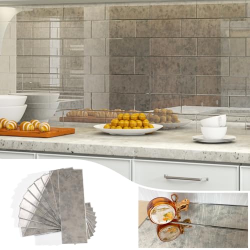 20PCS Peel and Stick Backsplash Tile, 3"x 9" Antique Mirror Glass Tile(Fog)