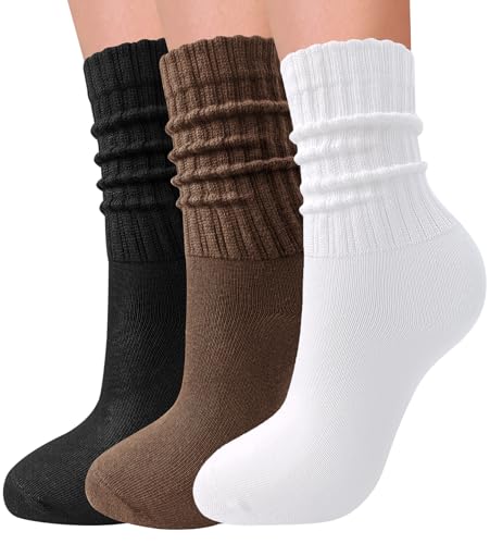 Image of 3 Pairs Slouch Socks for Women Soft Mid Calf Rib Scrunch Crew Tube Socks