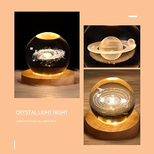 Image of FQQWEE 3D Crystal Ball Night Light, Saturn Lamp Crystal Ball, 3D Solar System Night Light with Wood Base, LED Galaxy Planet Nightlight Bedroom Decor, Art Gifts