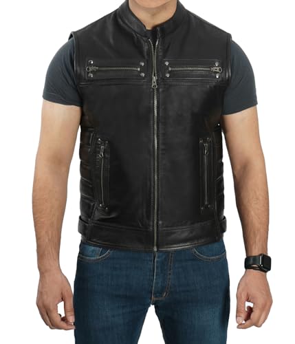 Decrum Colete masculino de couro real – Colete masculino oculto moderno e moderno estilo motociclist