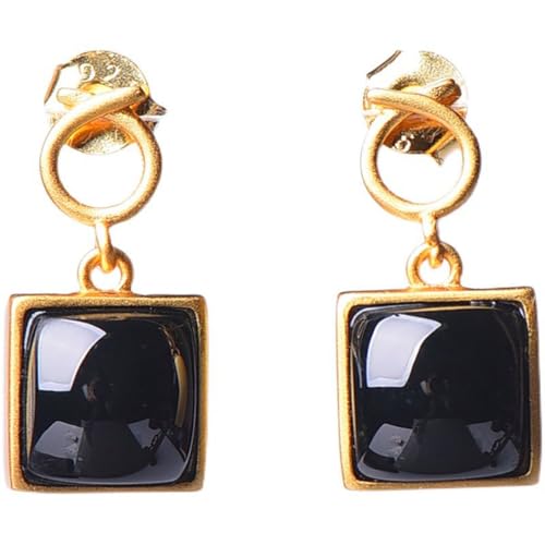 Pendientes de jade natural negro y plata S925 con diseño cuadrado elegante