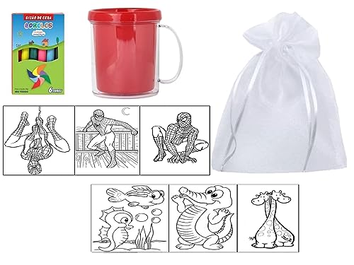 3 Kit para Colorir Caneca de Rosca e Giz de Cera 6 cores Organza Mimos Prendas e Lembrancinhas (Verm