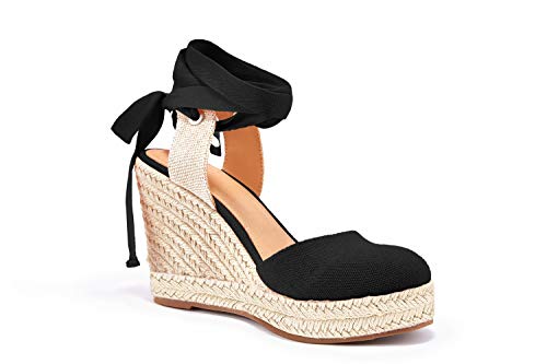 Image of FISACE Womens Summer Espadrille Heel Platform Wedge Sandals Ankle Buckle Strap Closed Toe Shoes