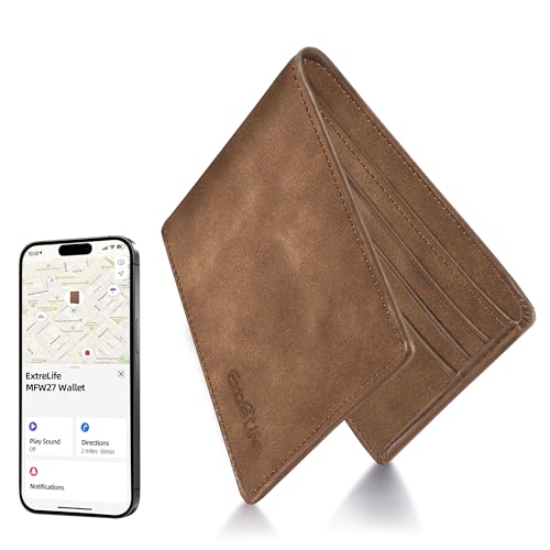 Image of Wallet for Men, Built-in Bluetooth Tracker with Apple Find My (iOS Only), RFID Blocking Bifold Mens Air Tag Wallet with GPS Tracker, Rechargeable Wallets Finder, Gift for Him, Brown